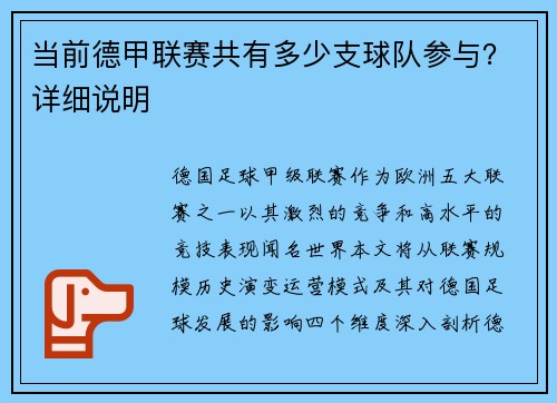 当前德甲联赛共有多少支球队参与？详细说明