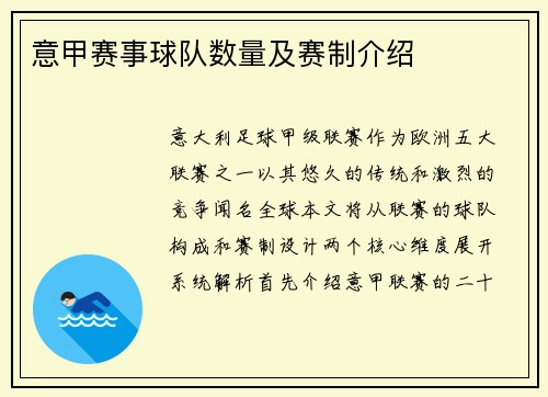 意甲赛事球队数量及赛制介绍